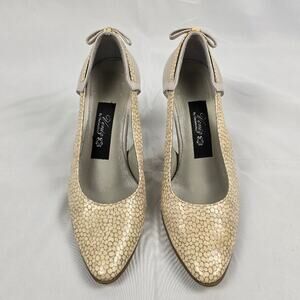 Vintage Veniz Leather Heels Size 6.5 Yellow Animal Print Bow Pumps Retro